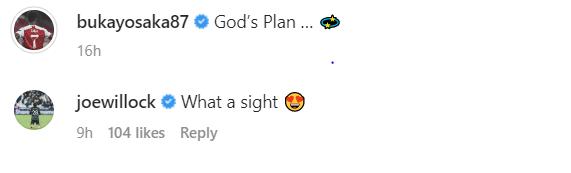 Screengrab of Joe Willock's comment under Bukayo Saka's Instagram post