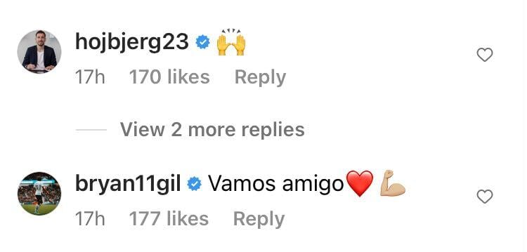 Pierre-Emile Hojbjerg and Bryan Gil respond to Sergio Reguilon on Instagram