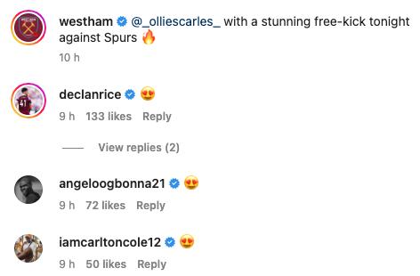 Declan Rice loved Ollie Scarles' free-kick against Tottenham