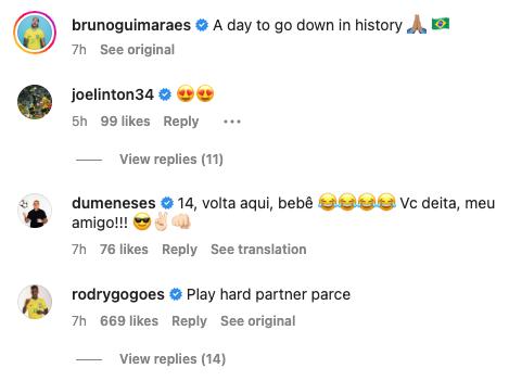 Rodrygo reacts to Bruno Guimaraes' performance.