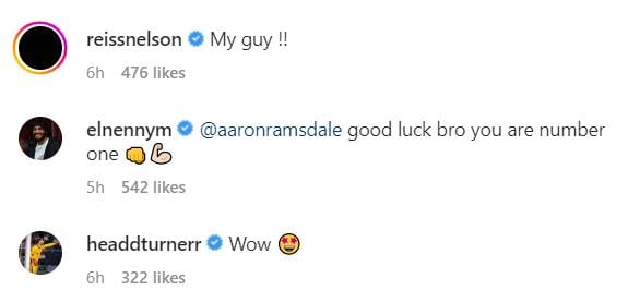 Screenshot of Reiss Nelson, Mo Elneny and Matt Turner's comment under Aaron Ramsdale's Instagram post