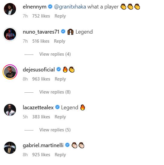 Screengrab of Lacazette and Arsenal players' replies to Granit Xhaka's Instagram post