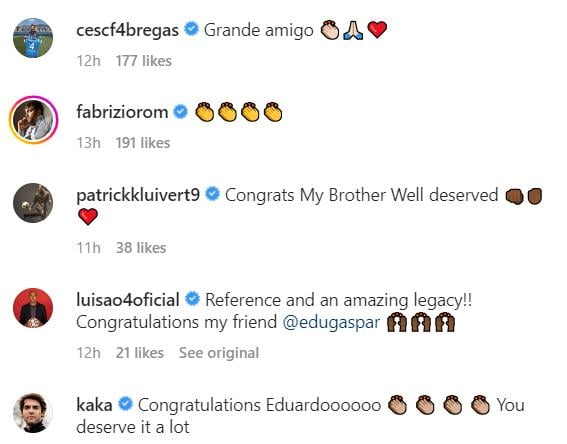 Screengrab of Fabregas, Romano, Kaka, Luisao and Kluivert's replies to Edu's Instagram post