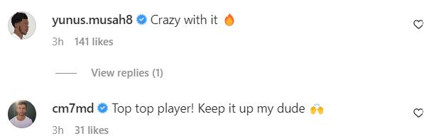 Screengrab of Yunus Musah and Collin Martin's reply to Matt Turner's Instagram post