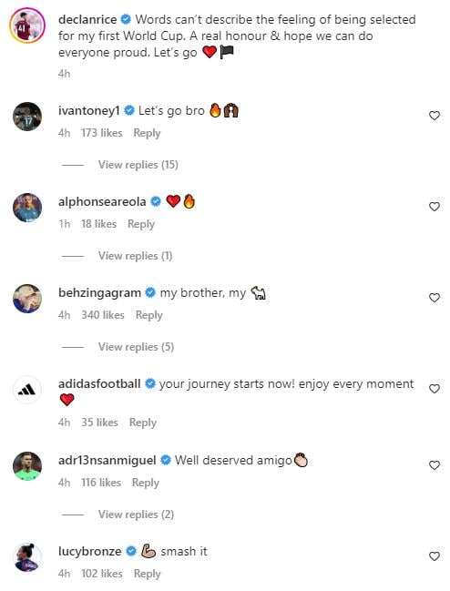 Declan Rice received congratulations from his peers after making the England World Cup squad