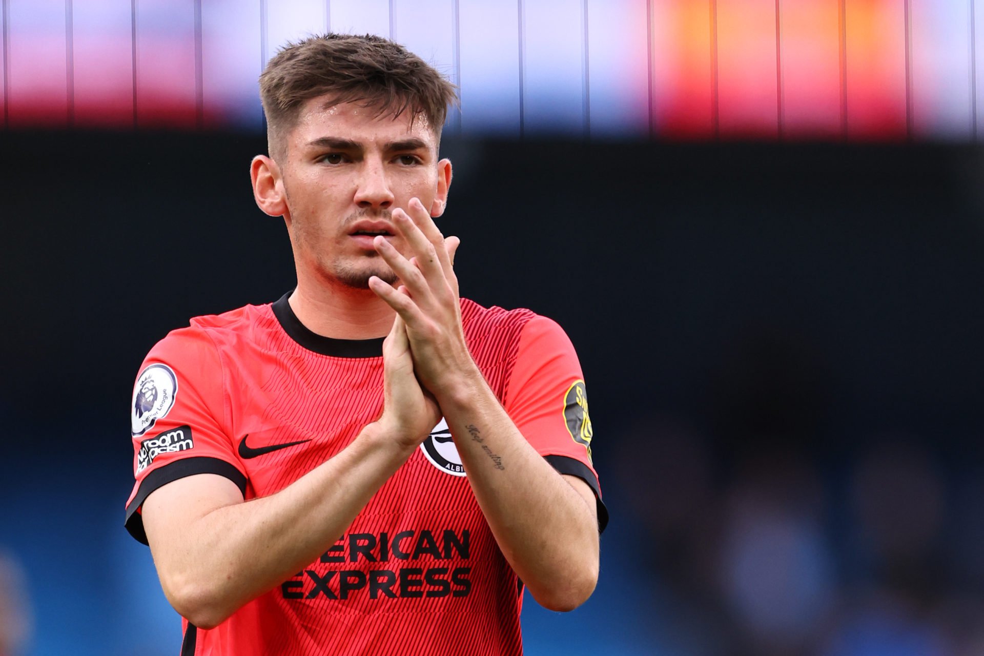 Billy Gilmour of Brighton & Hove Albion applauds during the Premier League match between Manchester City and Brighton & Hove Albion at Etih...