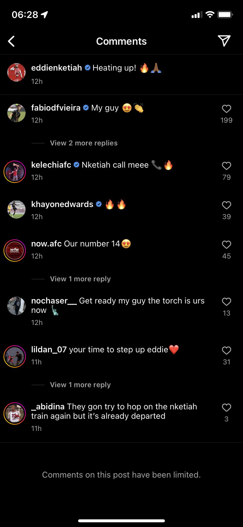 Screengrab of Fabio Vieira's response to Eddie Nketiah on Instagram