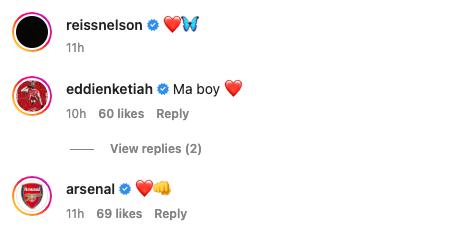 Nketiah sends Nelson a message after he scored for Arsenal yesterday.