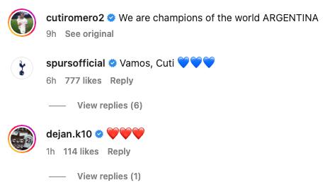 Dejan Kulusevski loves seeing Cristian Romero win the World Cup