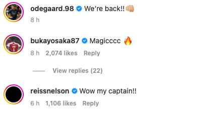 Nelson and Saka praise Odegaard on Instagram