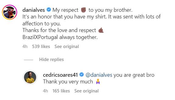 Screengrab of Dani Alves and Cedric Soares' comments on Instagram