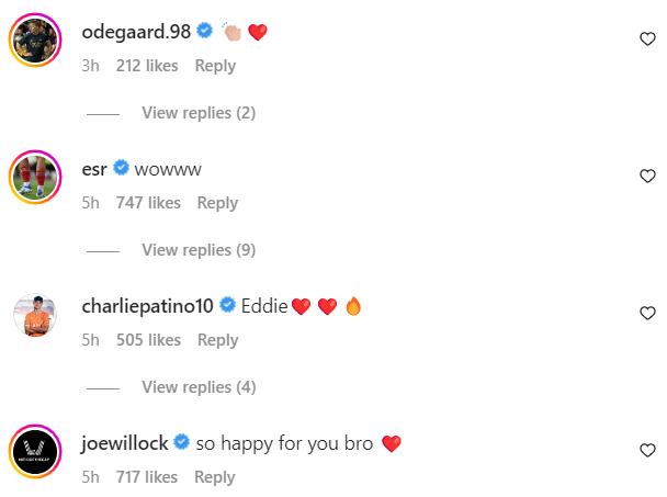 Screengrab of Odegaard, Willock, Smith Rowe and Patino's replies to Eddie Nketiah's Instagram post
