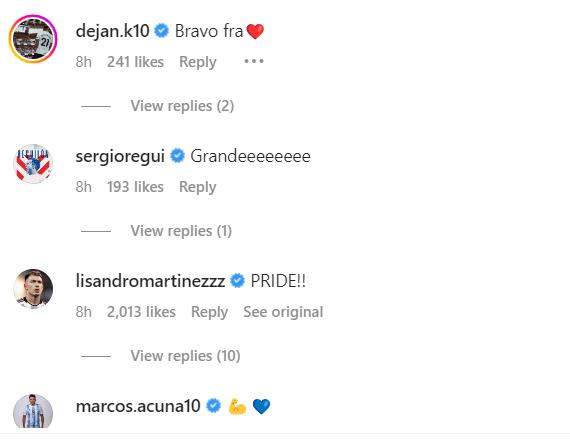 Screengrab of Kulusevski, Reguilon, Martinez and Acuna's replies to Romero's Instagram post