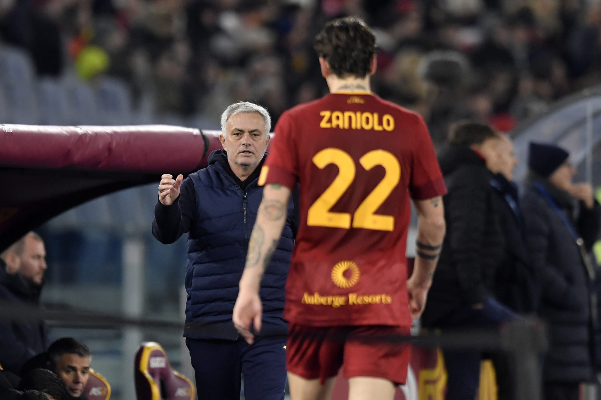 Nicolo Zaniolo of AS Roma and Jose Mourinho coach of AS Roma