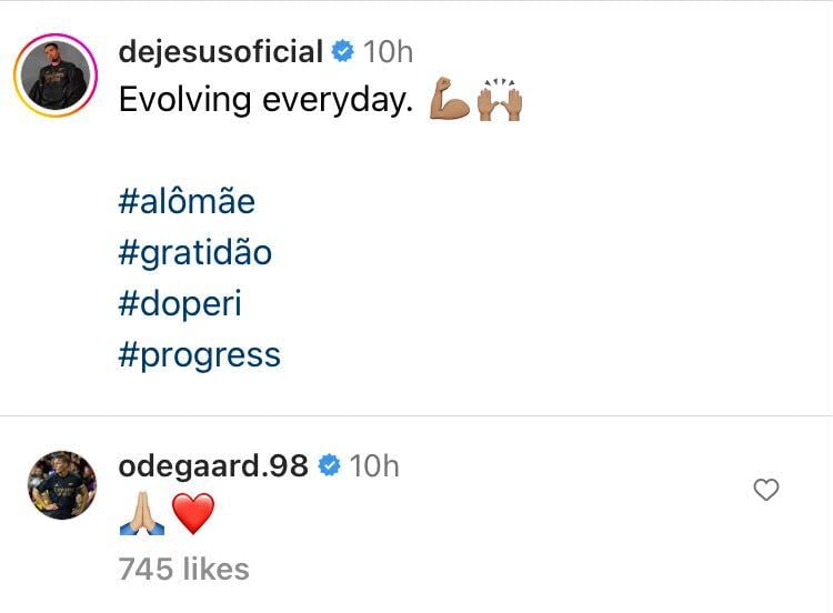 Screengrab of Martin Odegaard's response to Gabriel Jesus