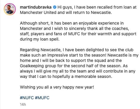 Dubravka has been recalled by Newcastle United