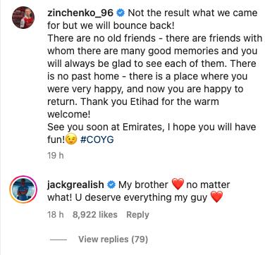 Jack Grealish sends Oleksandr Zinchenko message on Instagram