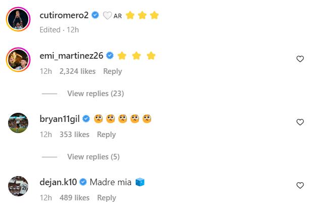 Screengrab of Emi Martinez, Dejan Kulusevski and Bryan Gil's replies to Cristian Romero's Instagram post