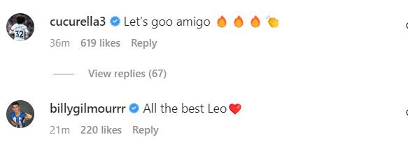 Screengrab of Marc Cucurella and Billy Gilmour's comments on Leandro Trossard's Instagram post