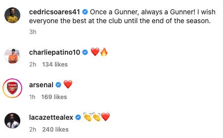 Alexandre Lacazette reacts to Cedric Soares loan move from Arsenal to Fulham