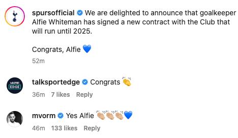 Michel Vorm reacts to Alfie Whiteman signing new Tottenham contract