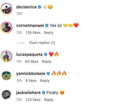 Arsenal coach Jack Wilshere comments on Declan Rice’s Instagram