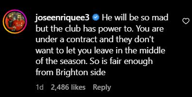 Screengrab of Jose Enrique's reply to Fabrizio Romano's Instagram post