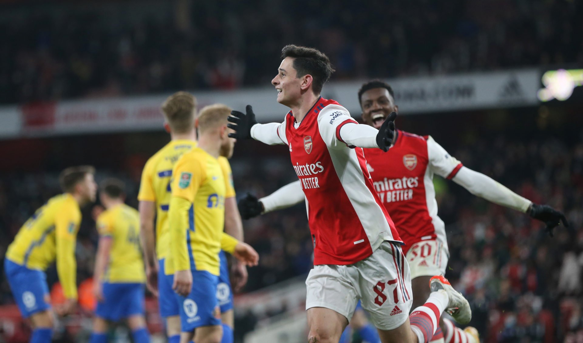 Arsenal's Charlie Patino celebrates scoring his side's fifth goal during the Carabao Cup Quarter Final match between Arsenal and Sunderland at Emir...