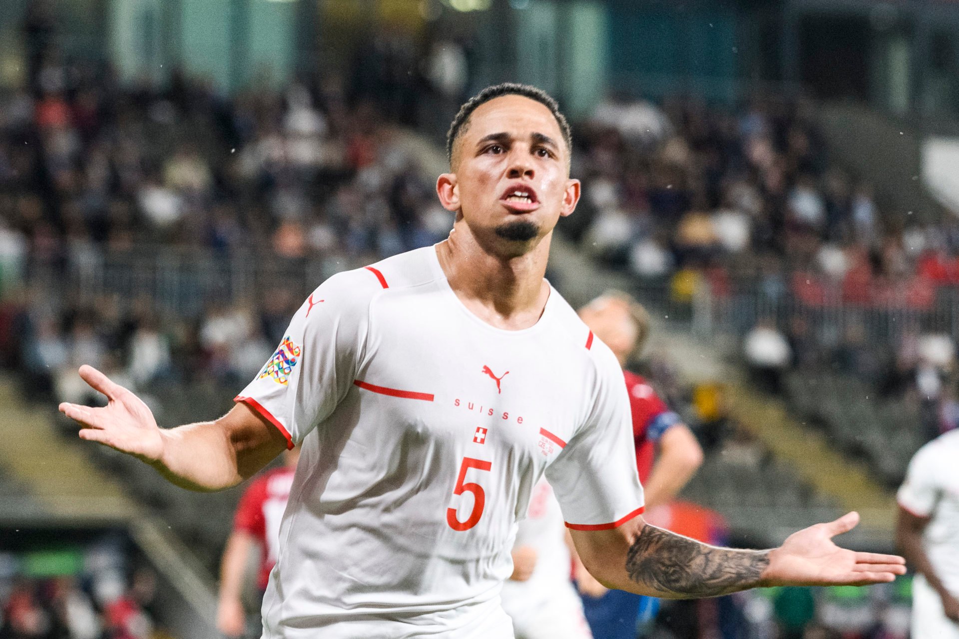 Noah Okafor of Switzerland celebrates his goa during the UEFA Nations League League A Group 2 match between Czech Republic and Switzerland at Sinob...