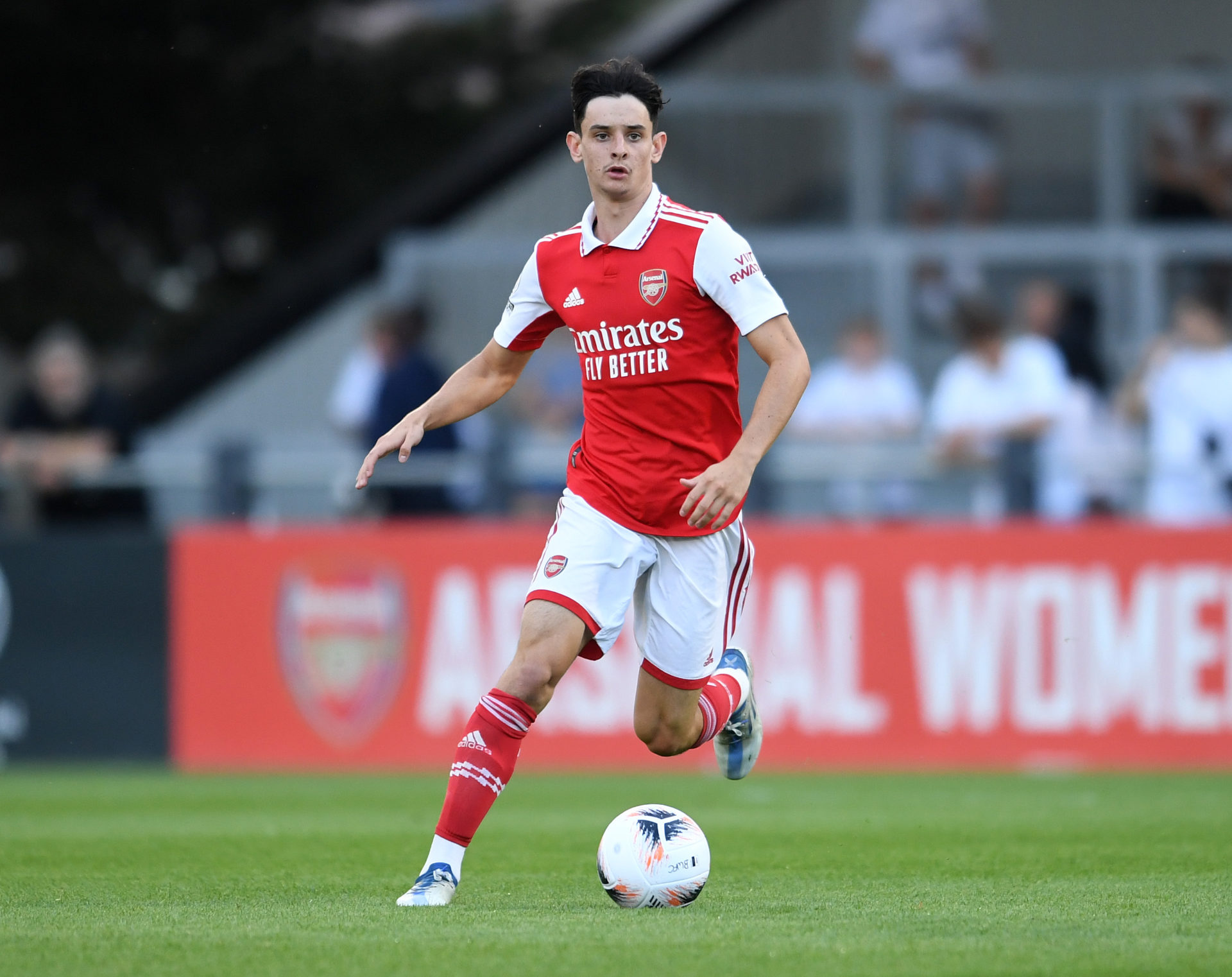 Charlie Patino of Arsenal during the pre season friendly between Boreham Wood and Arsenal U21 at Meadow Park on JULY 29, 2022 in Borehamwood, England.