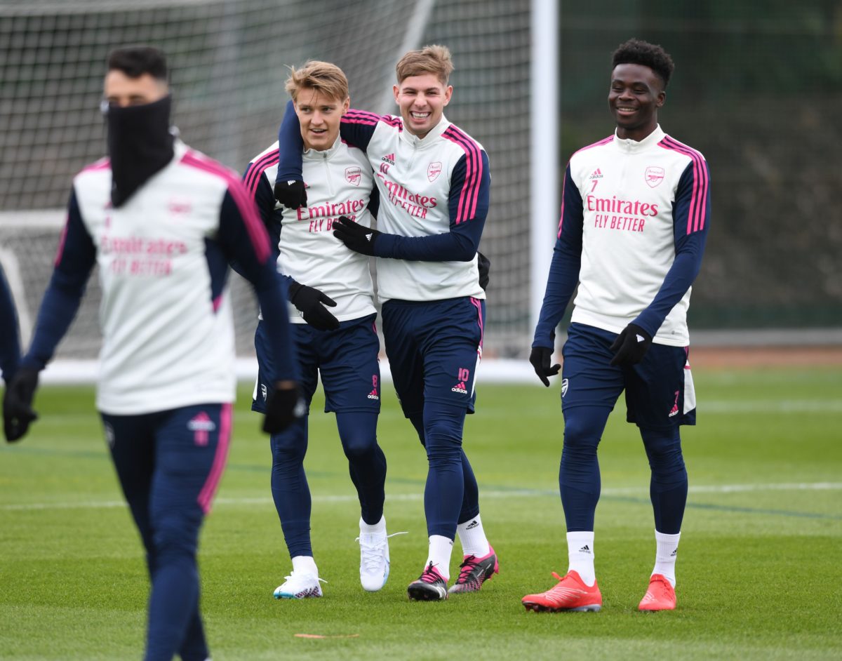 Photo shows Martin Odegaard back in full training ahead of Arsenal v Fulham