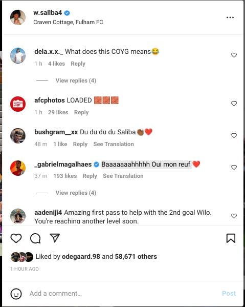 Replies to William Saliba Instagram
