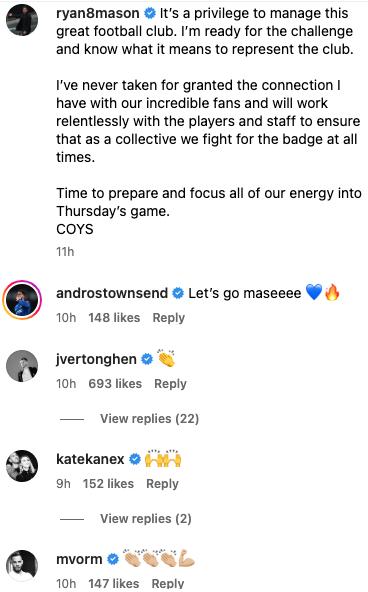Harry Kane’s wife Kate and Andros Townsend send messages to Ryan Mason