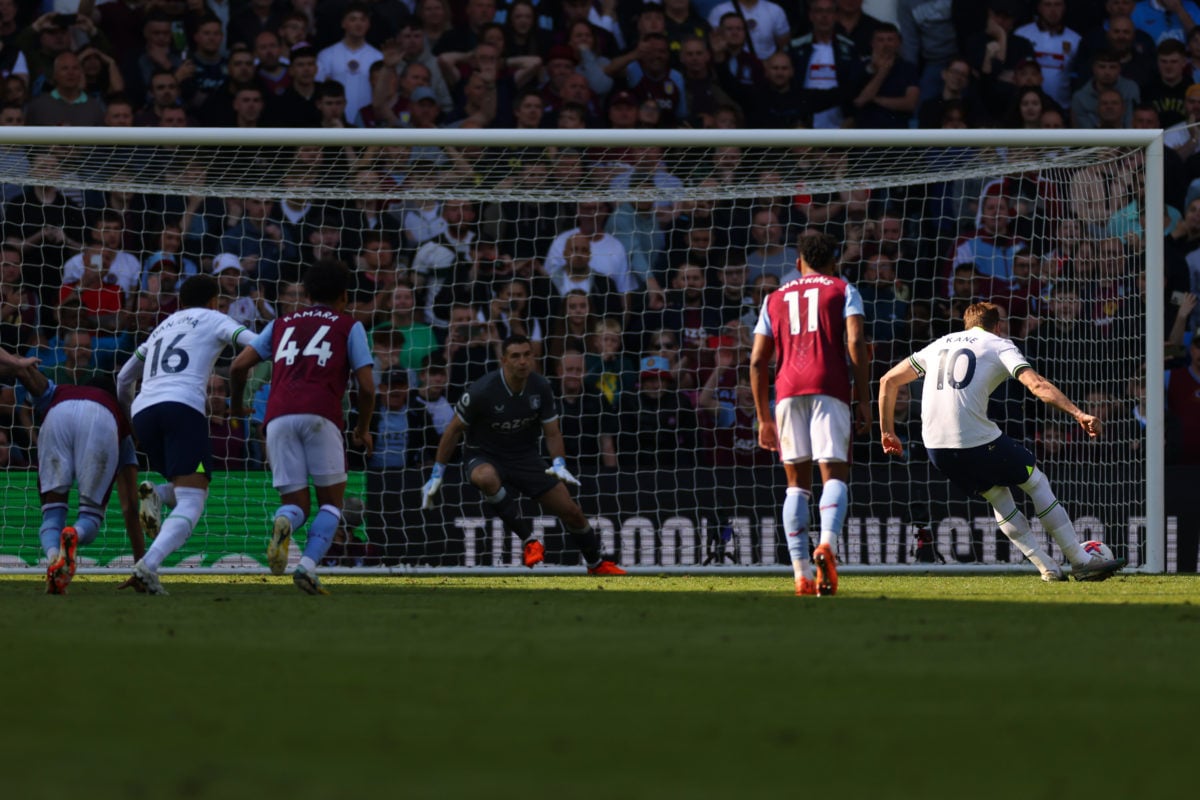 BIRMINGHAM, ENGLAND - MAY 13:  Harry Kane of Tottenham Hotspur scores a goal from the penalty spot during the Premier League match between Aston Vi...