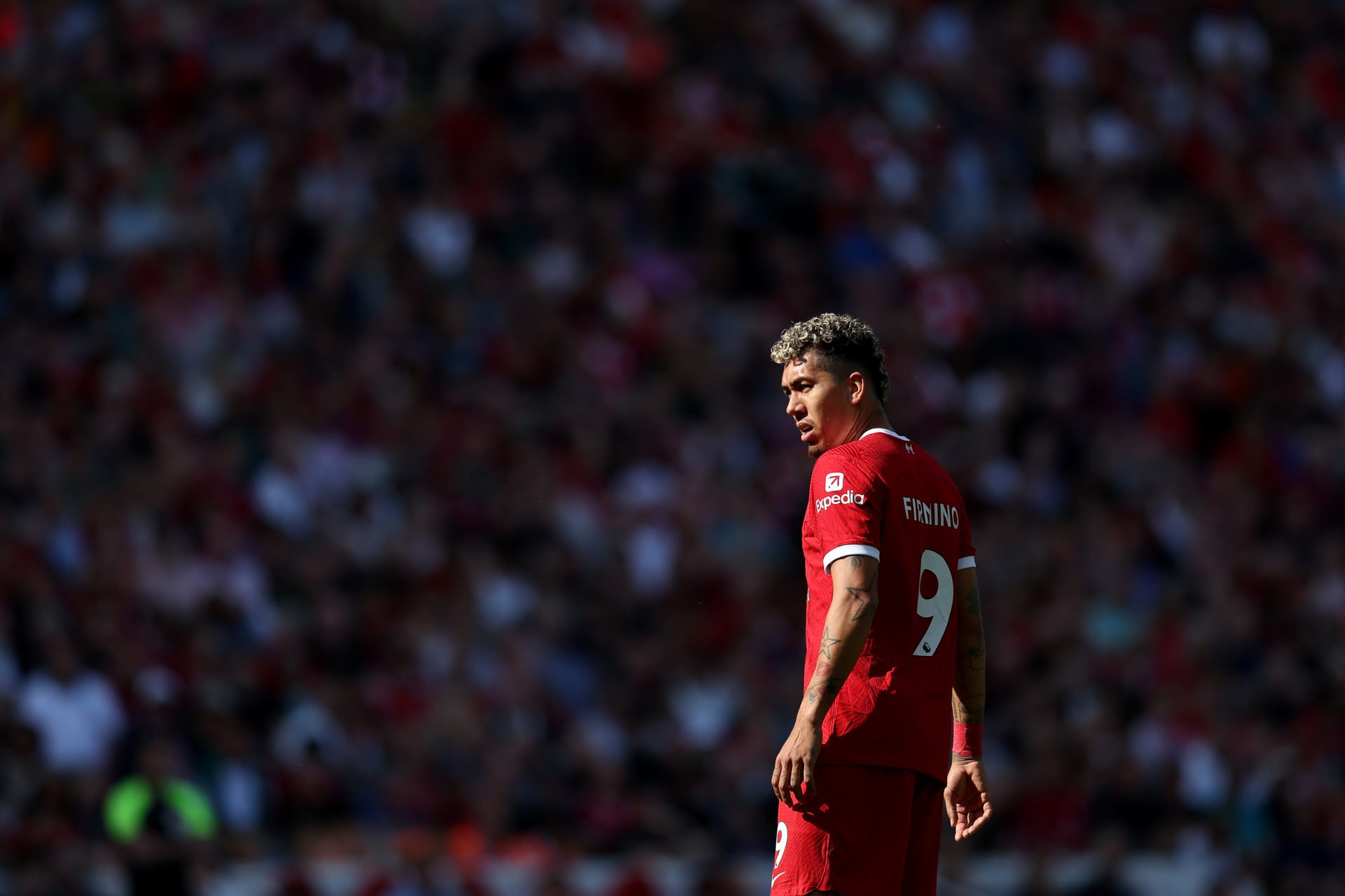 Roberto Firmino of Liverpool looks on during the Premier League match between Liverpool FC and Aston Villa at Anfield on May 20, 2023 in Liverpool,...