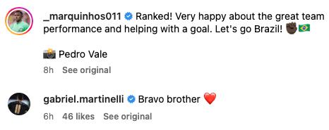 Gabriel Martinelli impressed with Marquinhos performance for Brazil