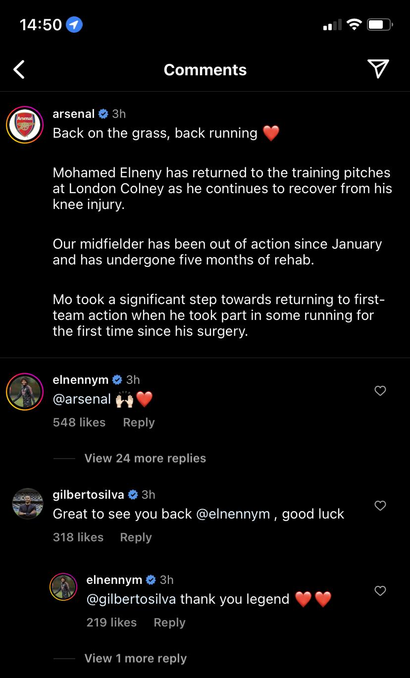Gilberto Silva reply to Arsenal and Mohamed Elneny Instagram post
