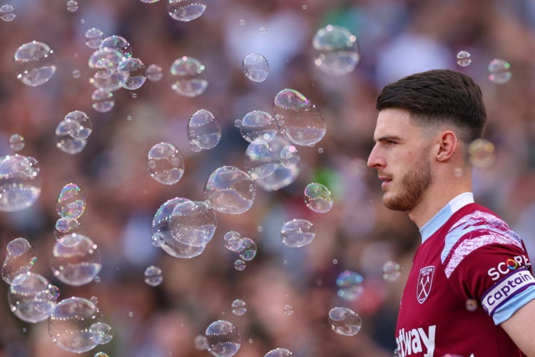 LONDON, ENGLAND - MAY 7: Declan Rice of West Ham walks out as the air fils with bubbles during the Premier League match between West Ham United and...