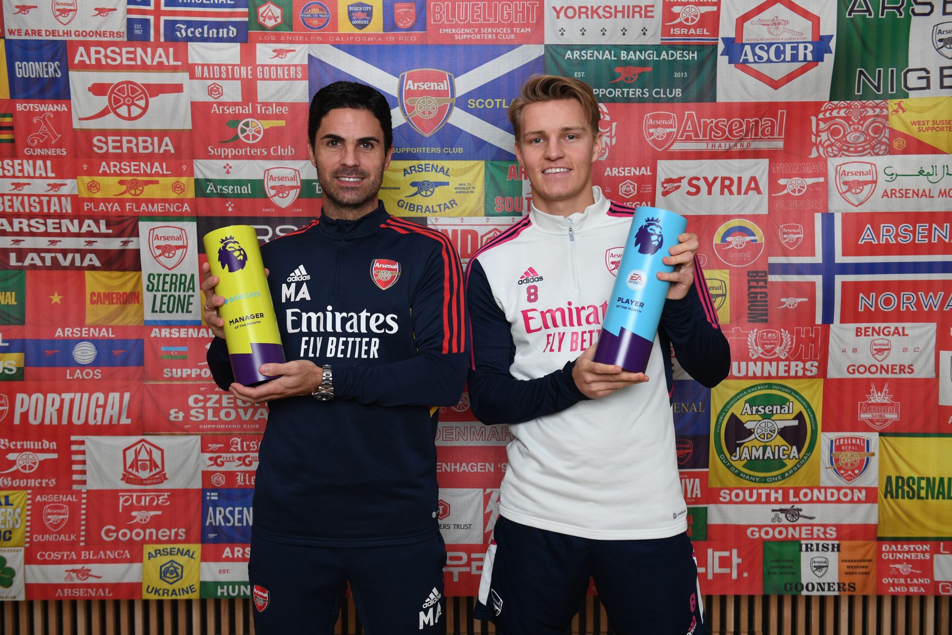 Arsenal manager Mikel Arteta with Martin Odegaard during a training News  Photo - Getty Images