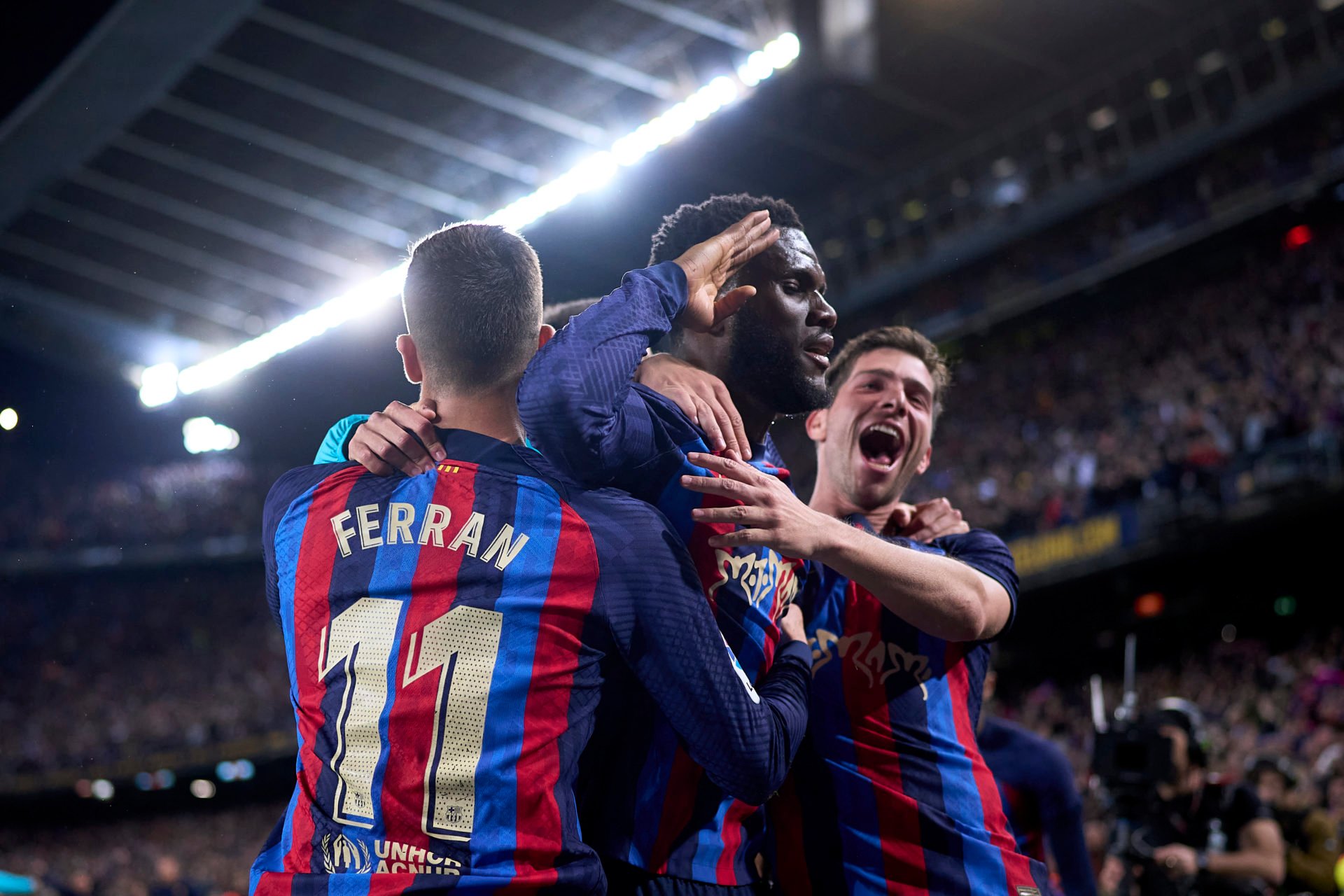 Franck Kessie of FC Barcelona celebrates with  Ferran Torres and Sergi Roberto of FC Barcelona after scoring the team's second goal  during the LaL...