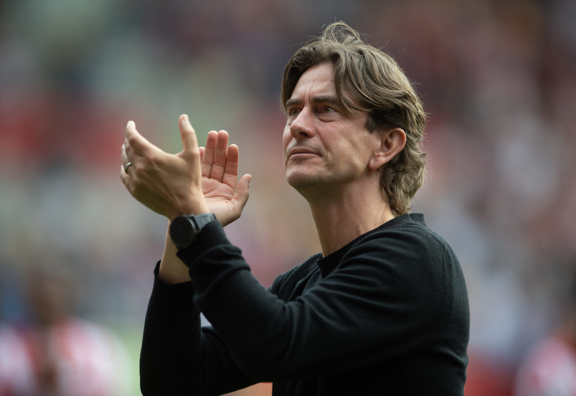 Thomas Frank claps the fans after the Premier League match between Brentford FC and West Ham United at Gtech Community Stadium on May 14, 2023