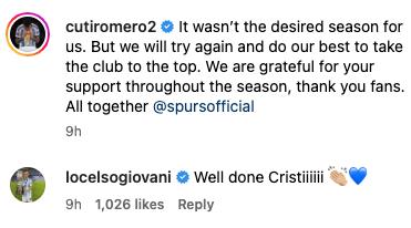 Giovani Lo Celso reacts to Cristian Romero message to Tottenham fans