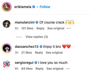 Tottenham Hotspur defender Sergio Reguilon congratulates Erik Lamela