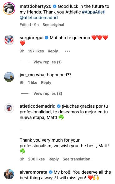 Tottenham Hotspur defender Sergio Reguilon reacts to Matt Doherty Instagram post