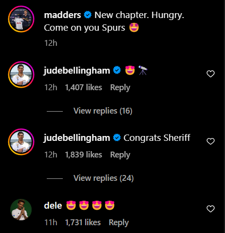 Screengrab of Jude Bellingham and Dele Alli's replies to James Maddison's Instagram post