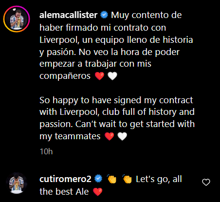 Screengrab of Cristian Romero's reply to Alexis Mac Allister's INstagram post