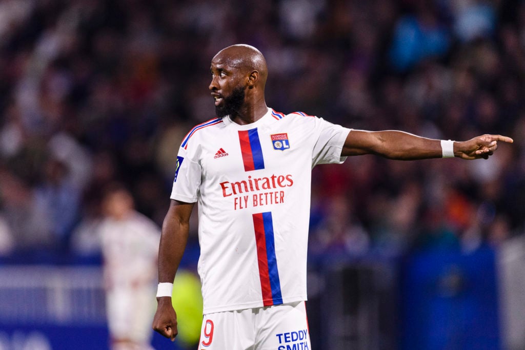 Moussa Dembele of Lyon gestures during the Ligue 1 match between Olympique Lyonnais and LOSC Lille at Groupama Stadium on October 30, 2022 in Lyon,...