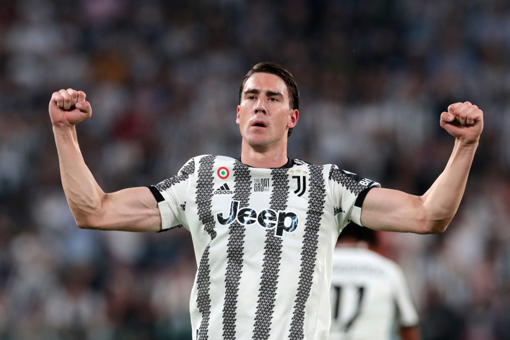 Dusan Vlahovic of Juventus celebrates after scoring their team's first goal during the Serie A match between Juventus and SS Lazio at Allianz Stadi...