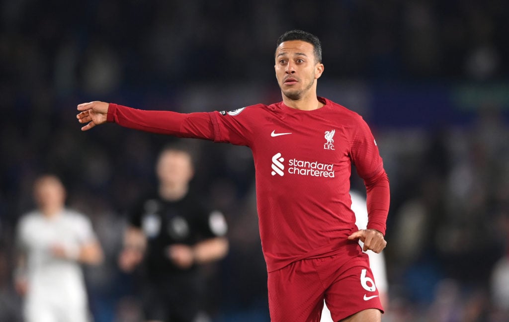 Liverpool player  Thiago Alcantara in action during the Premier League match between Leeds United and Liverpool FC at Elland Road on April 17, 2023...