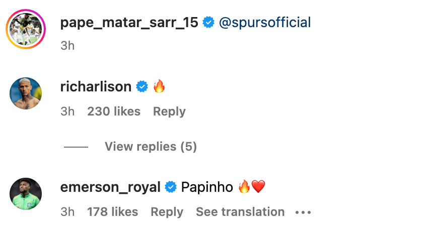 Richarlison impressed with Tottenham Hotspur youngster Pape Matar Sarr